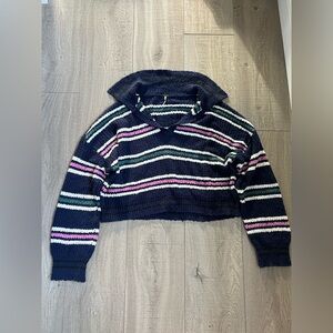 Free People Kennedy Navy Blue Striped Collared Long Sleeve Pullover Sweater